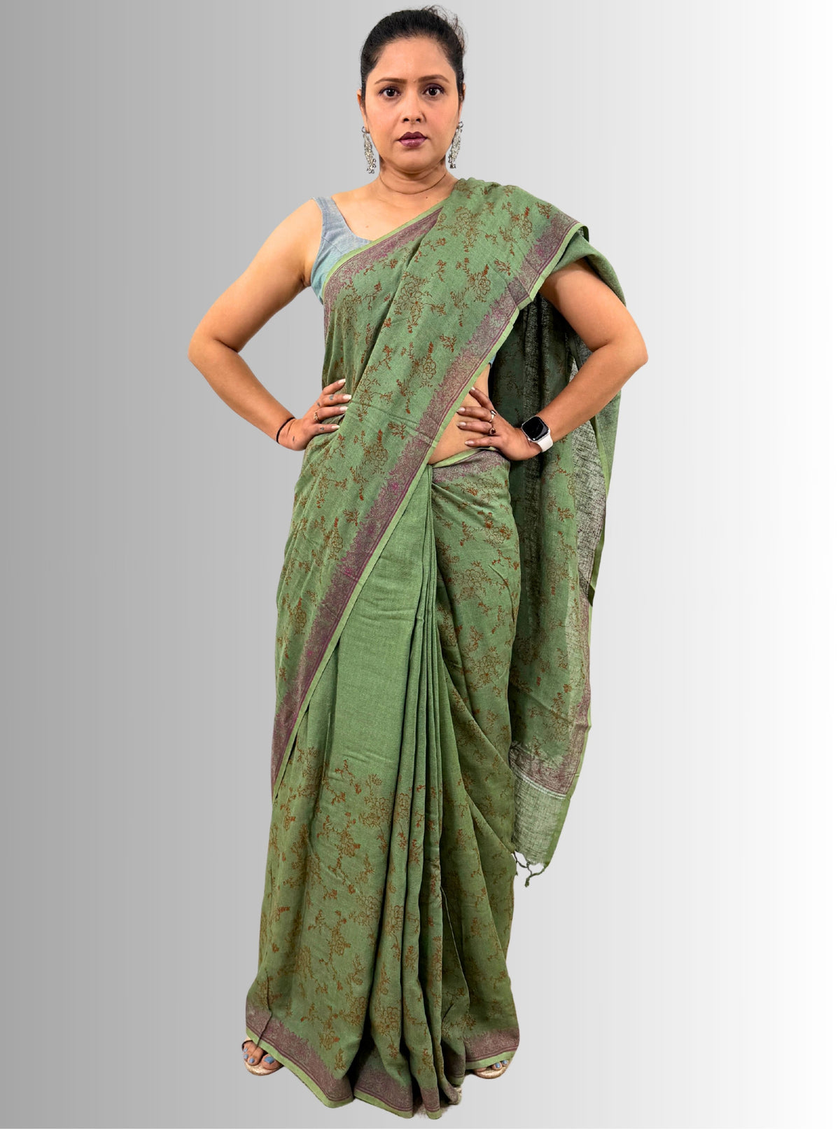 handloom cotton linen lilac hand block print saree with blouse