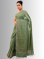 handloom cotton linen lilac hand block print saree with blouse