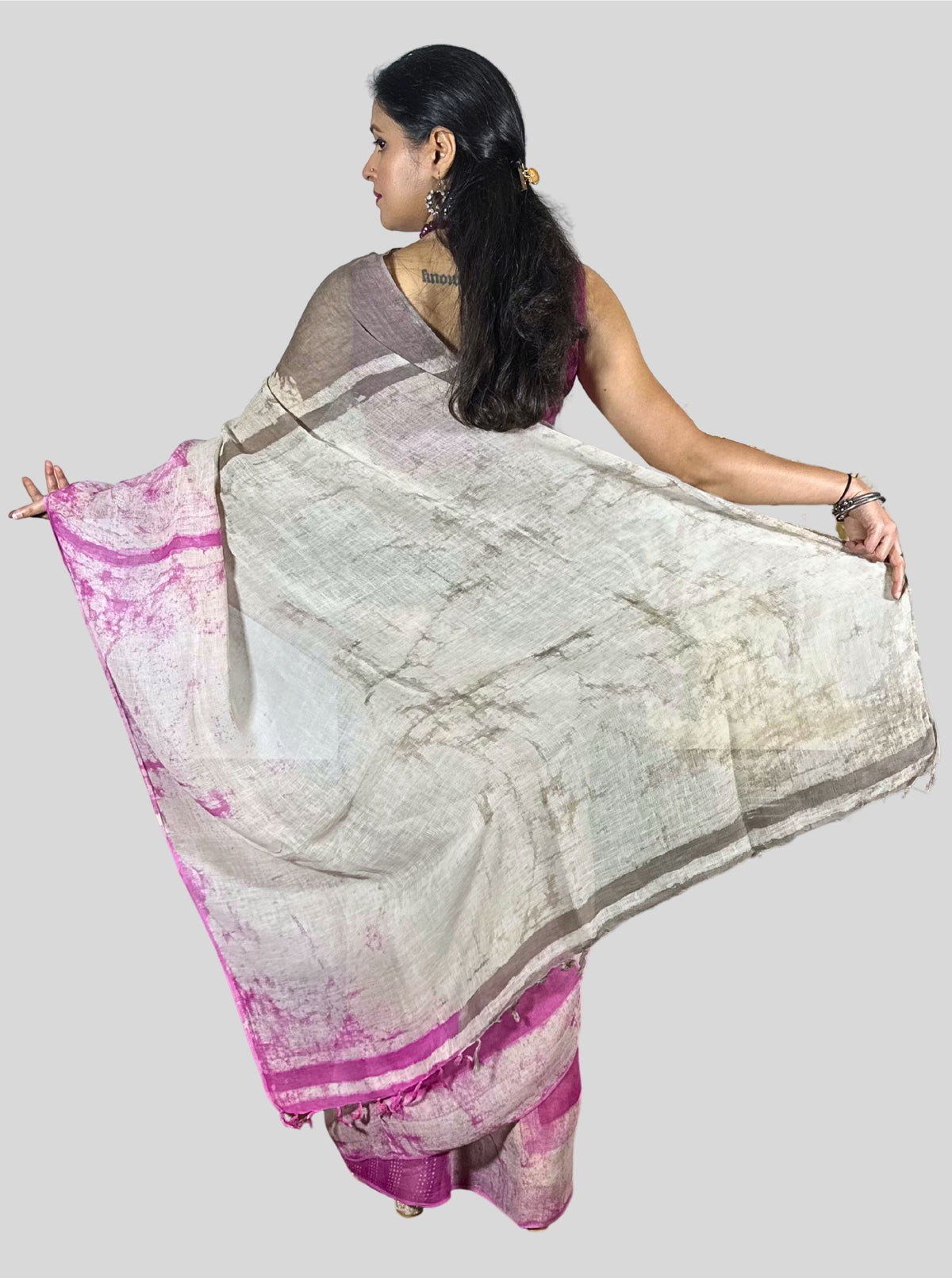 mouse colour and pink dabu print handloom linen saree with blouse