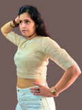 Handloom Rose Gold Striped Tissue Linen Blouse with Round Neck and Back Wooden Buttons