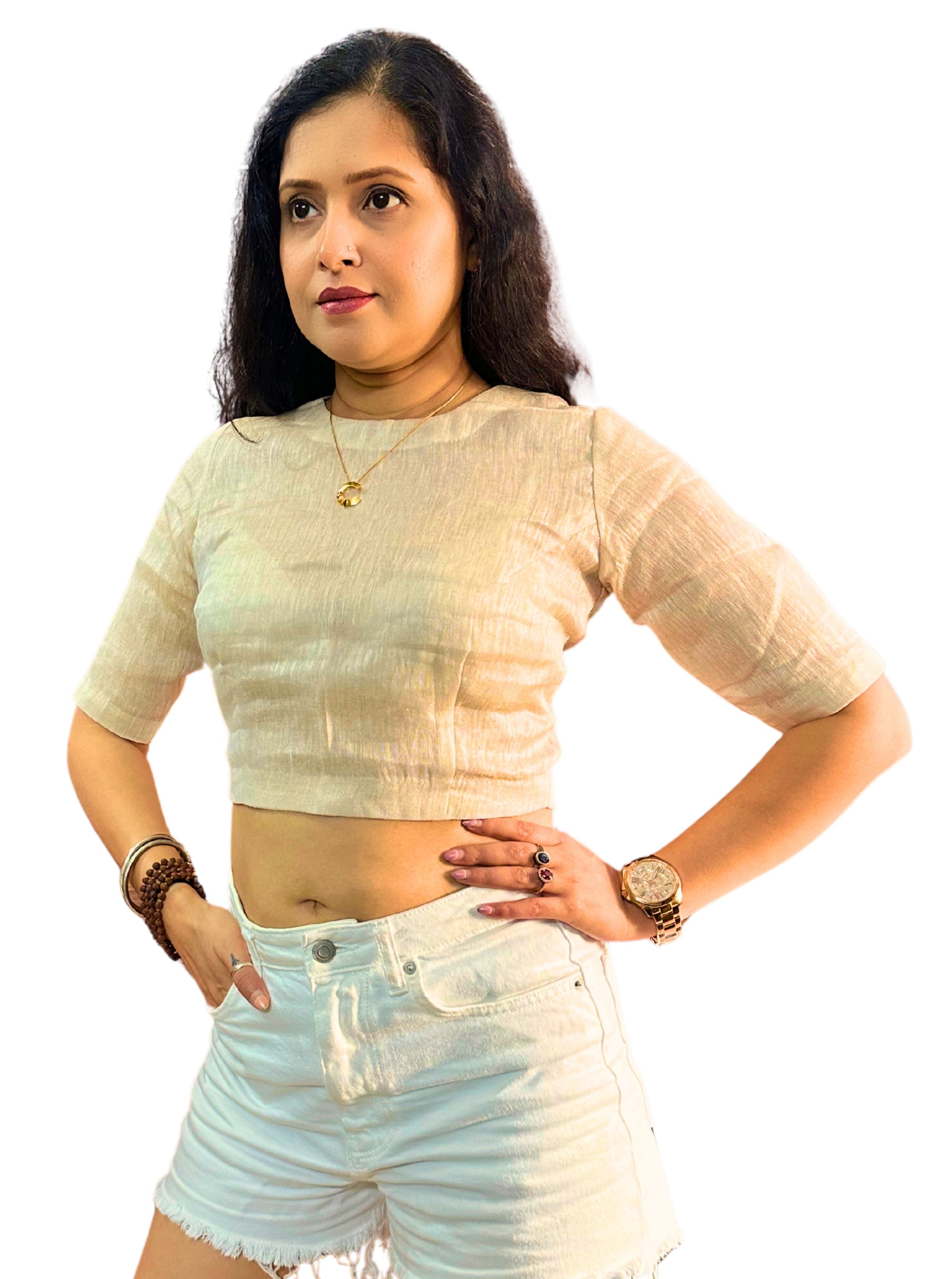 Handloom Rose Gold Striped Tissue Linen Blouse with Round Neck and Back Wooden Buttons