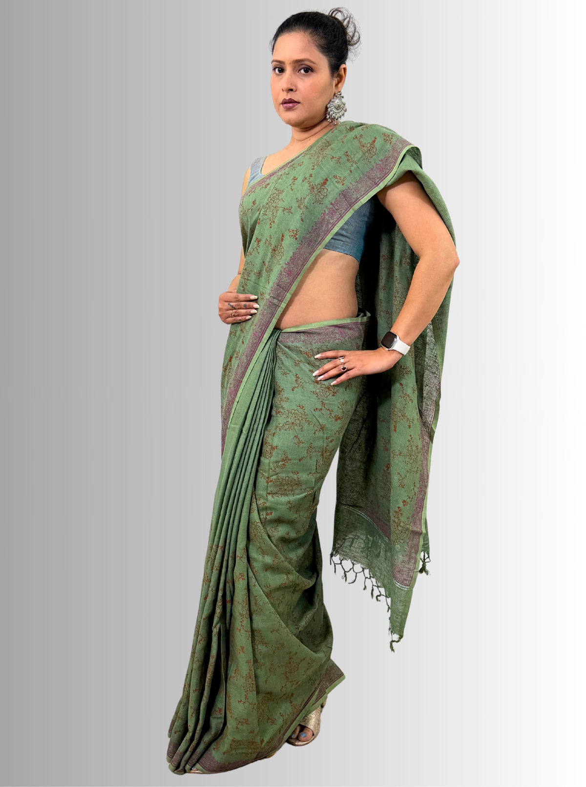 handloom cotton linen lilac hand block print saree with blouse