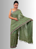 handloom cotton linen lilac hand block print saree with blouse