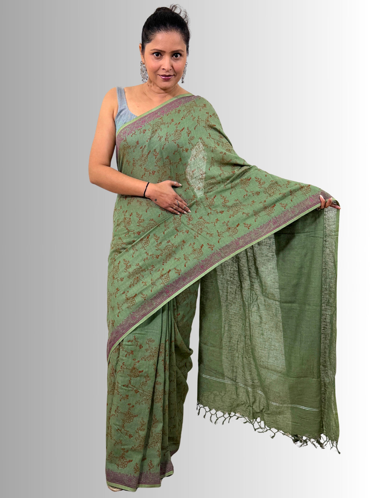 handloom cotton linen lilac hand block print saree with blouse