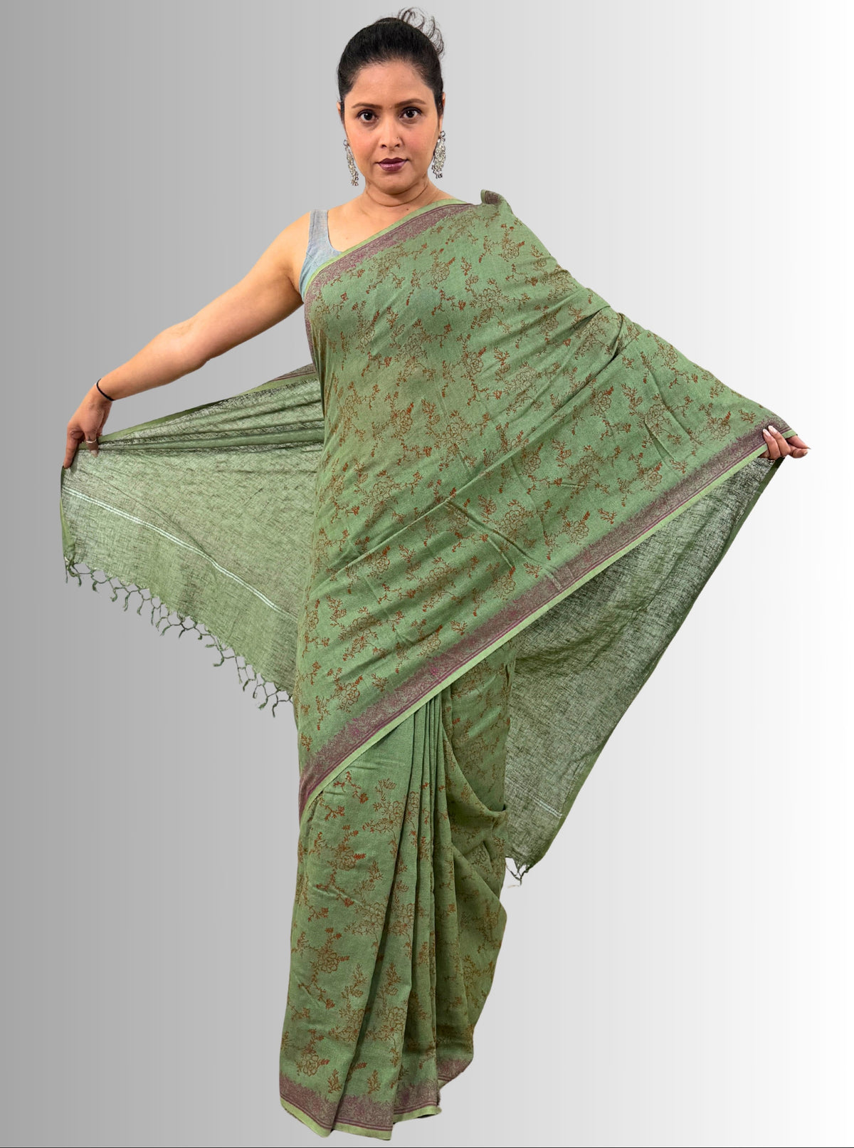handloom cotton linen lilac hand block print saree with blouse