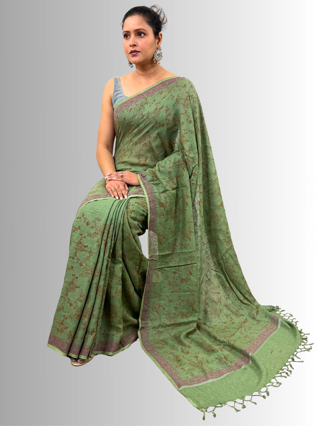 handloom cotton linen lilac hand block print saree with blouse