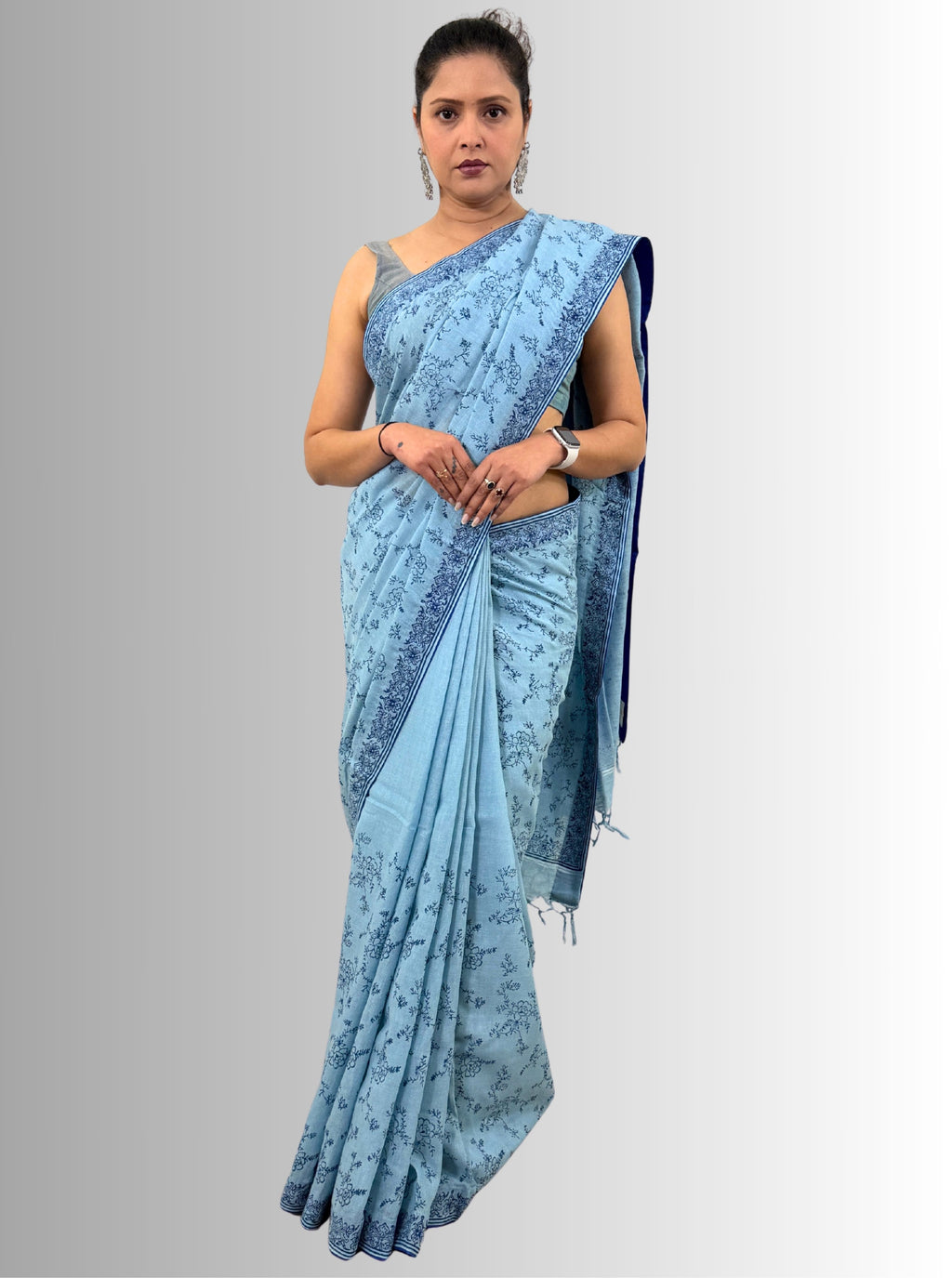 handloom cotton linen lilac hand block print saree with blouse