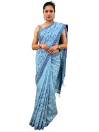 handloom cotton linen lilac hand block print saree with blouse