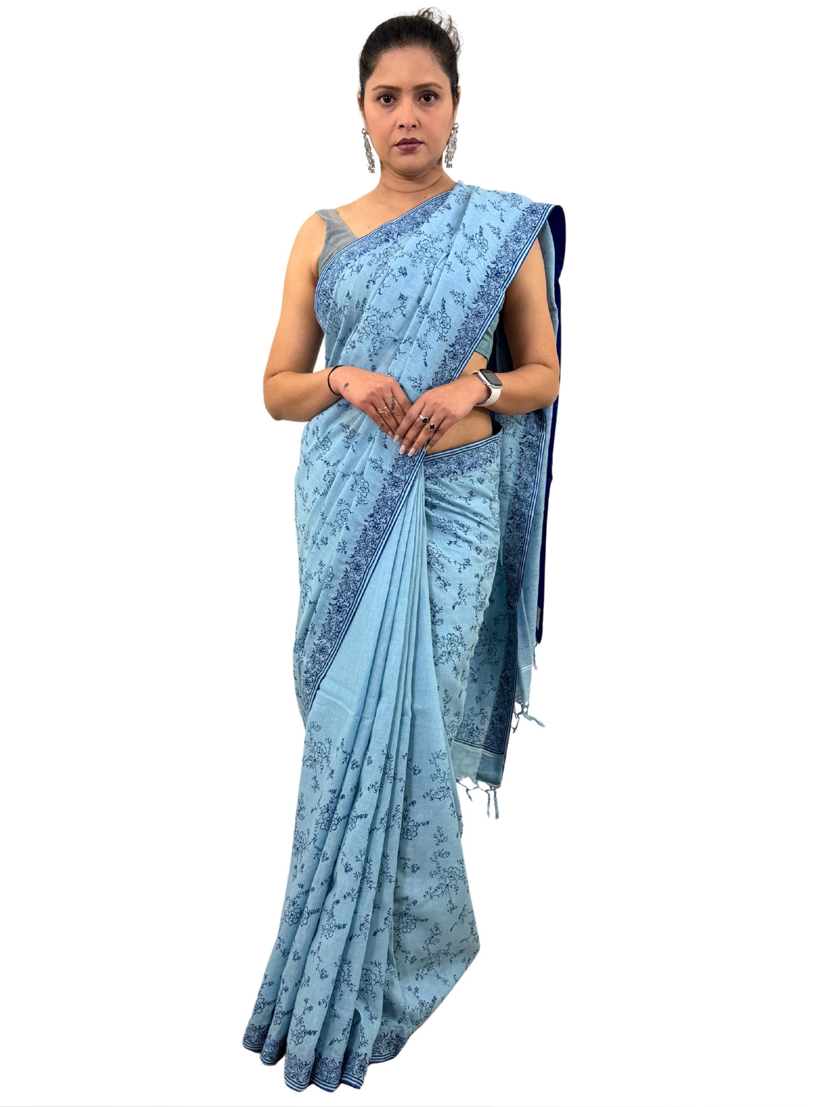 handloom cotton linen lilac hand block print saree with blouse