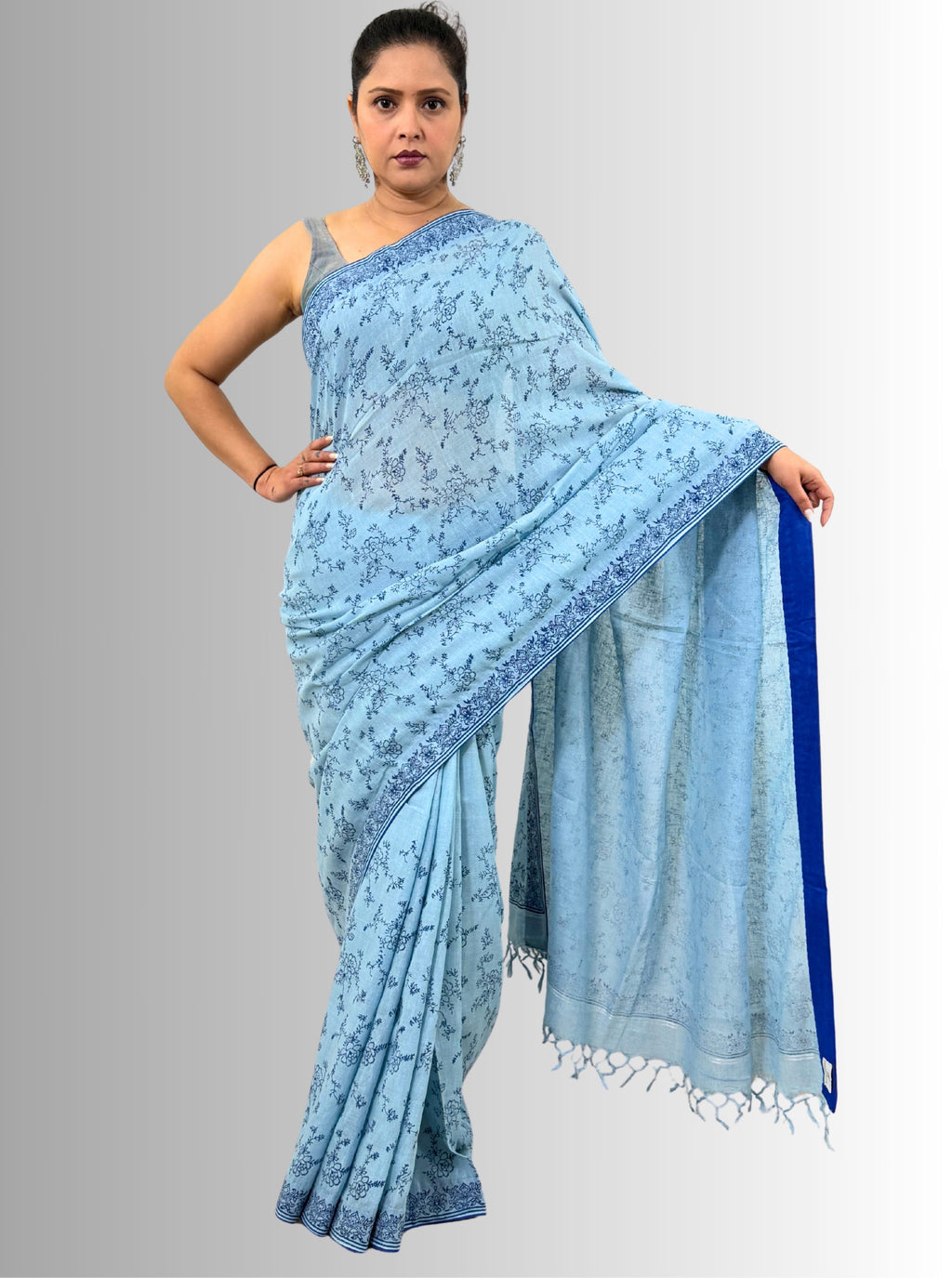 handloom cotton linen lilac hand block print saree with blouse