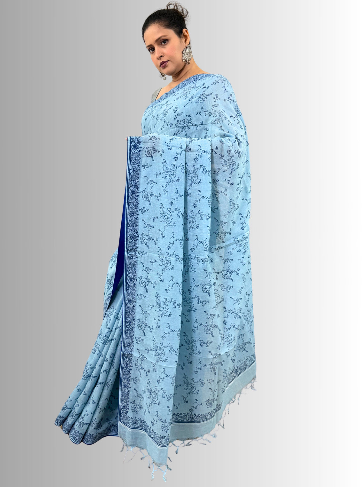 handloom cotton linen lilac hand block print saree with blouse
