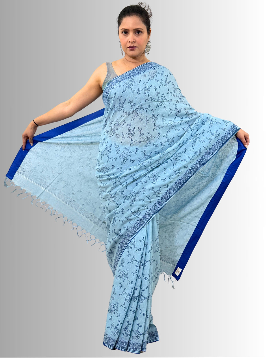 handloom cotton linen lilac hand block print saree with blouse