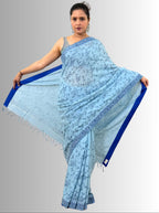 handloom cotton linen lilac hand block print saree with blouse