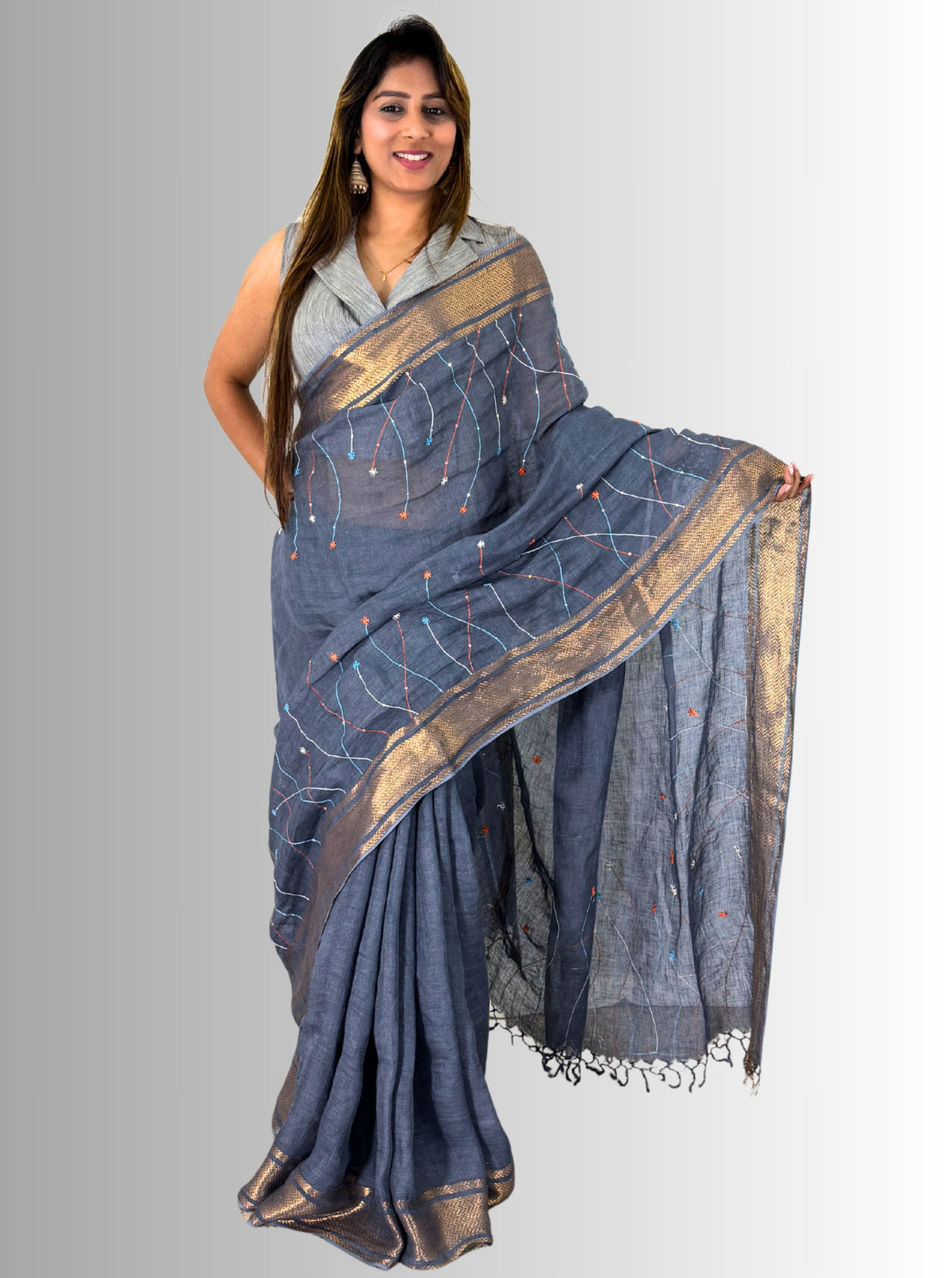 handloom linen Grey saree with jaal work hand embroiedry