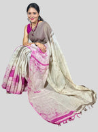 mouse colour and pink dabu print handloom linen saree with blouse