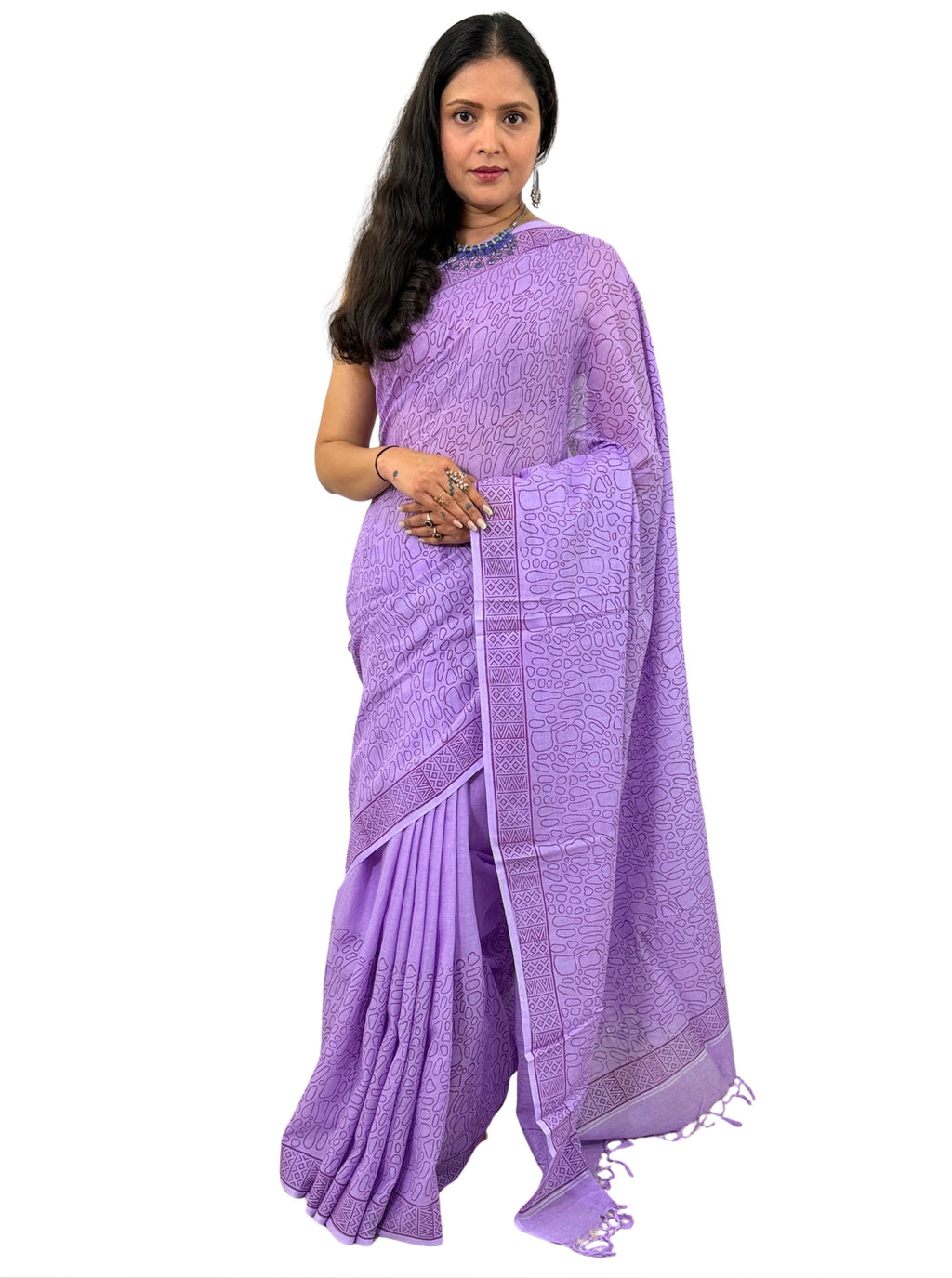 Handloom cotton linen lilac jaal hand block print saree with blouse