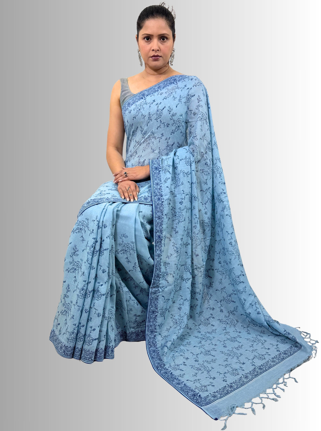 handloom cotton linen lilac hand block print saree with blouse