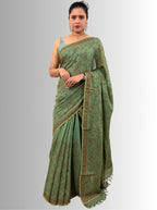 handloom cotton linen lilac hand block print saree with blouse