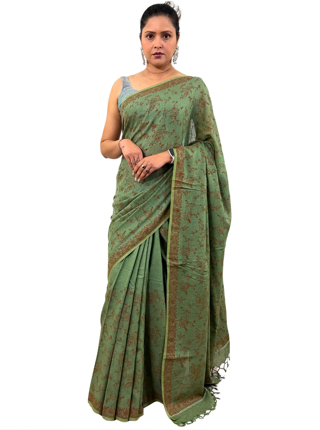 handloom cotton linen lilac hand block print saree with blouse