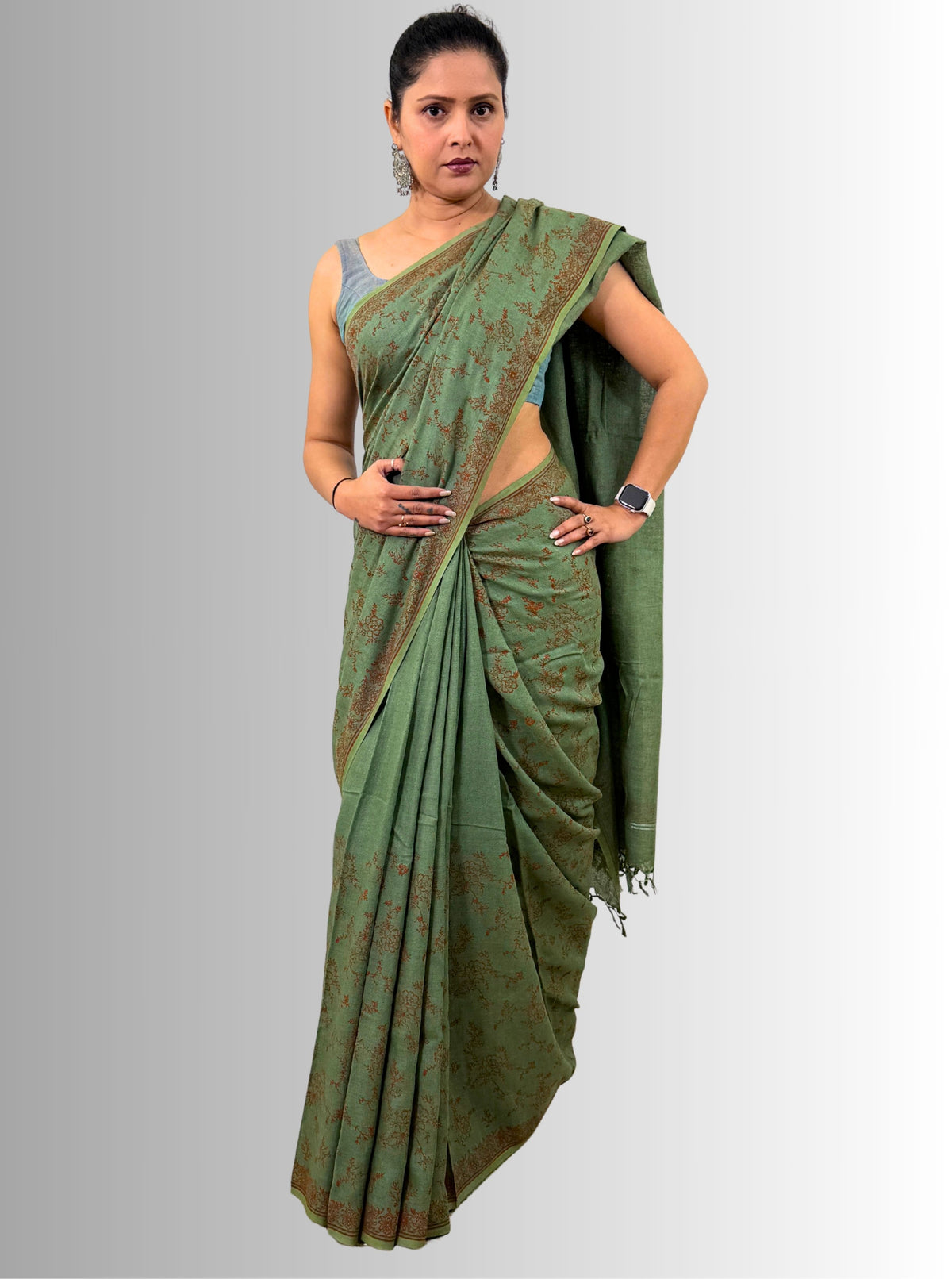 handloom cotton linen lilac hand block print saree with blouse