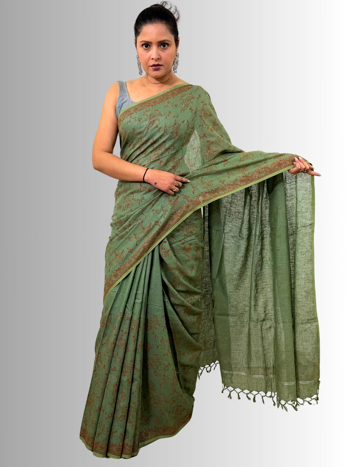 handloom cotton linen lilac hand block print saree with blouse