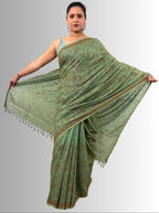 handloom cotton linen lilac hand block print saree with blouse