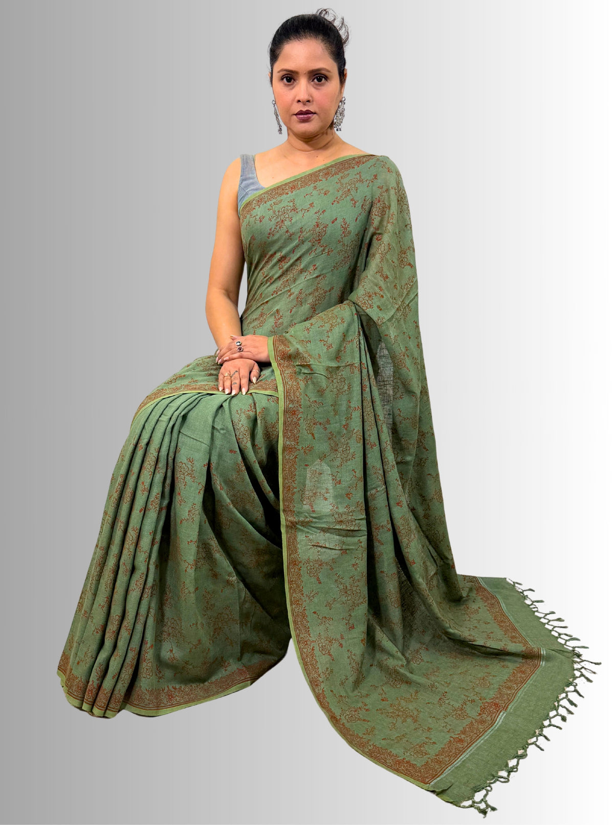 handloom cotton linen lilac hand block print saree with blouse