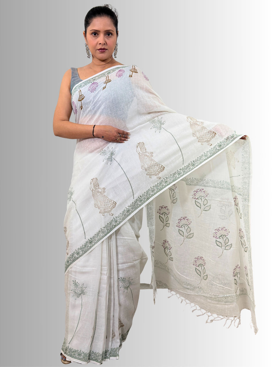 handloom cotton linen white motif block print saree with attached blouse