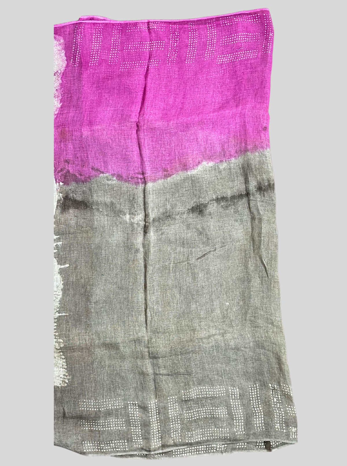 mouse colour and pink dabu print handloom linen saree with blouse