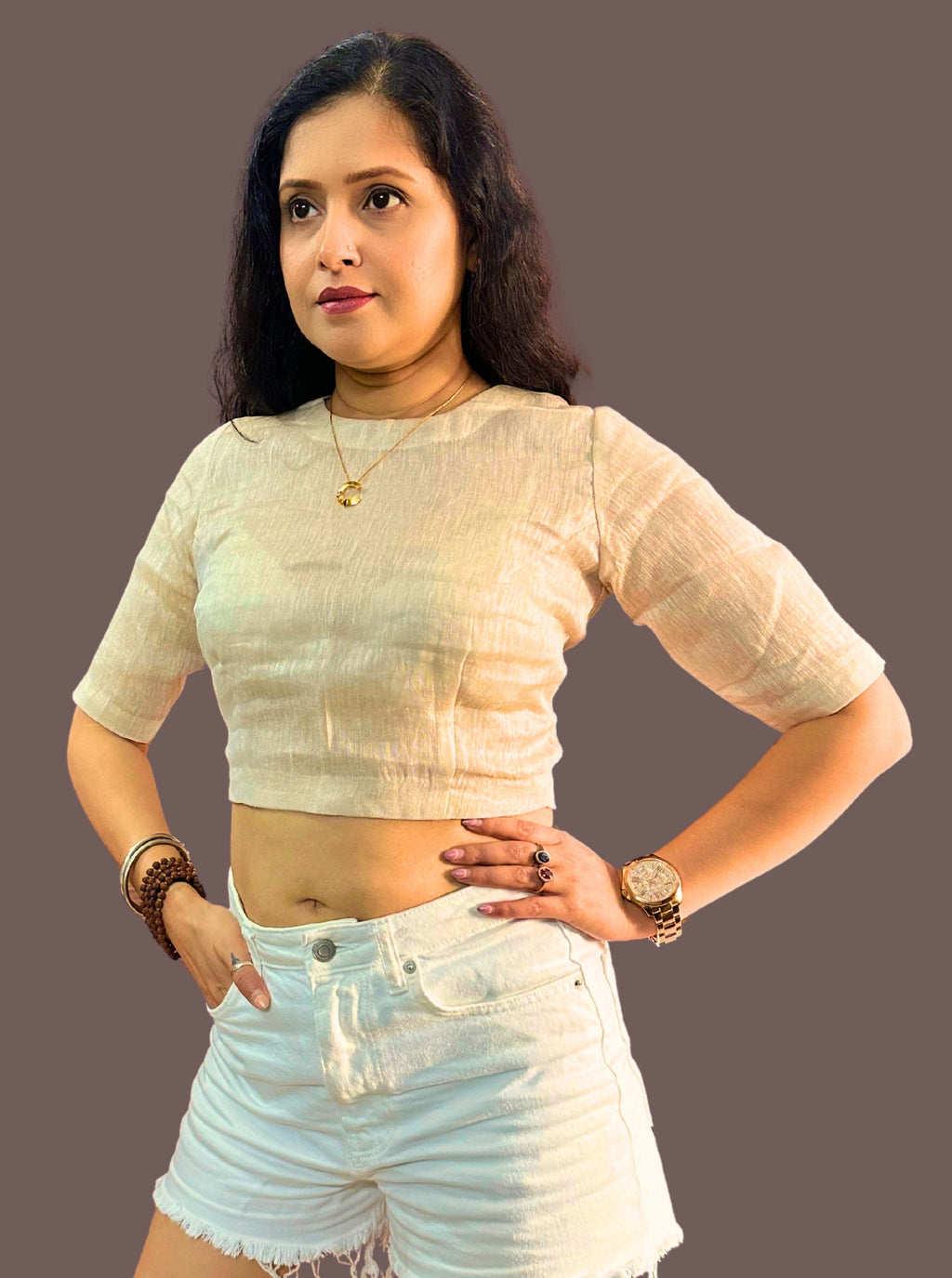 Handloom Rose Gold Striped Tissue Linen Blouse with Round Neck and Back Wooden Buttons