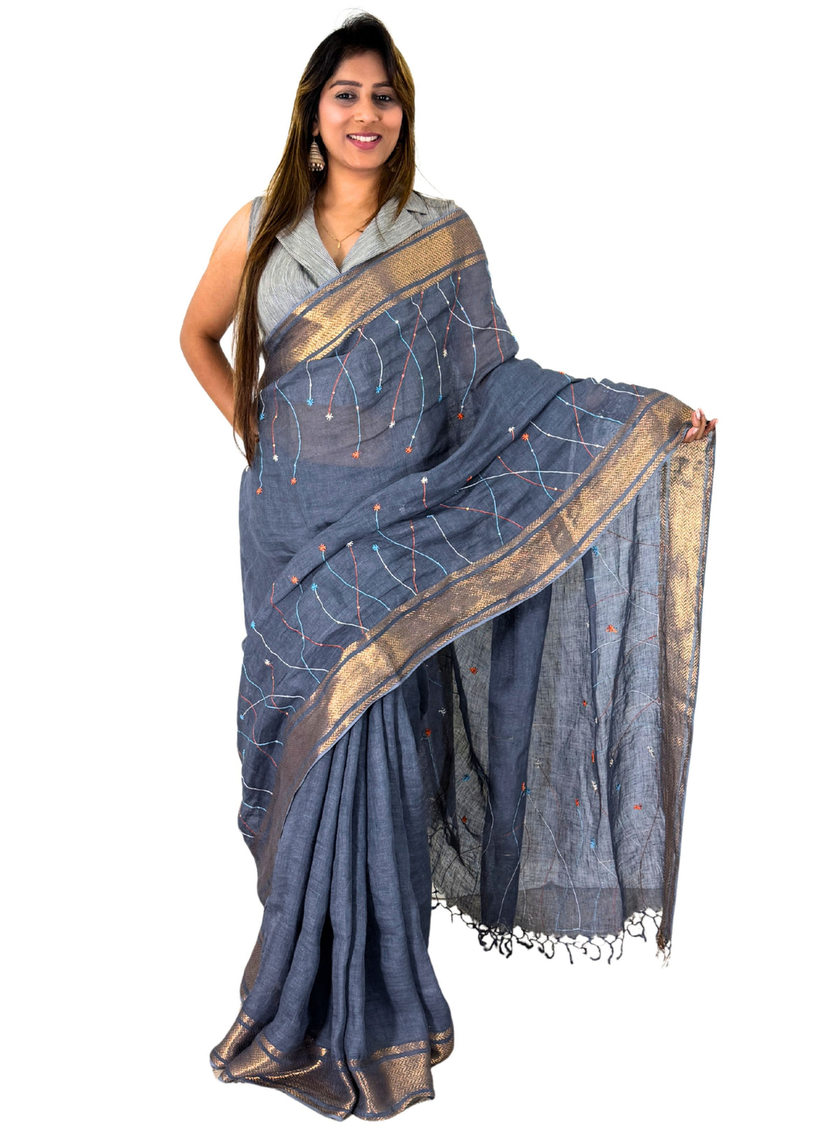 handloom linen Grey saree with jaal work hand embroiedry