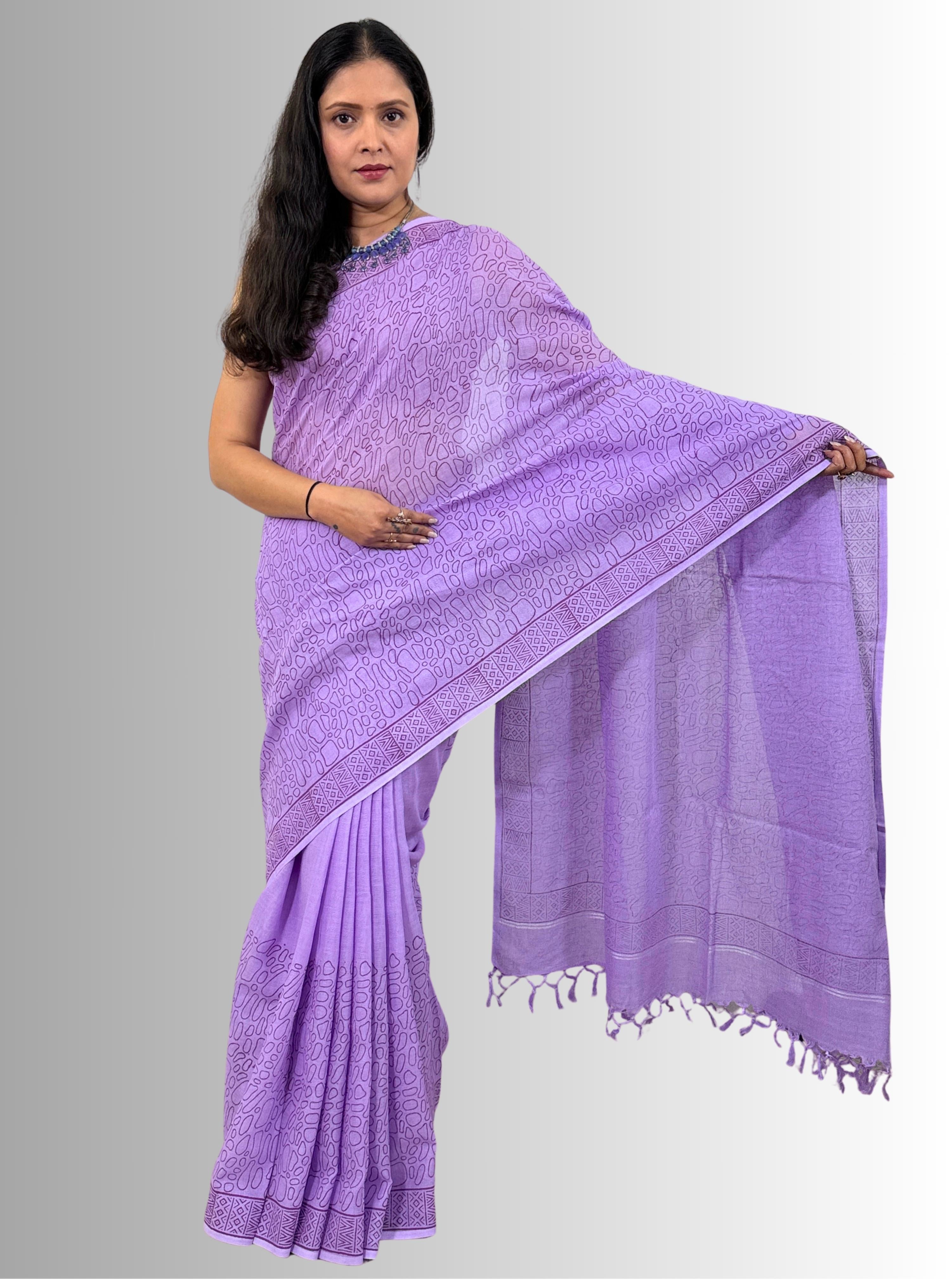 Handloom cotton linen lilac jaal hand block print saree with blouse