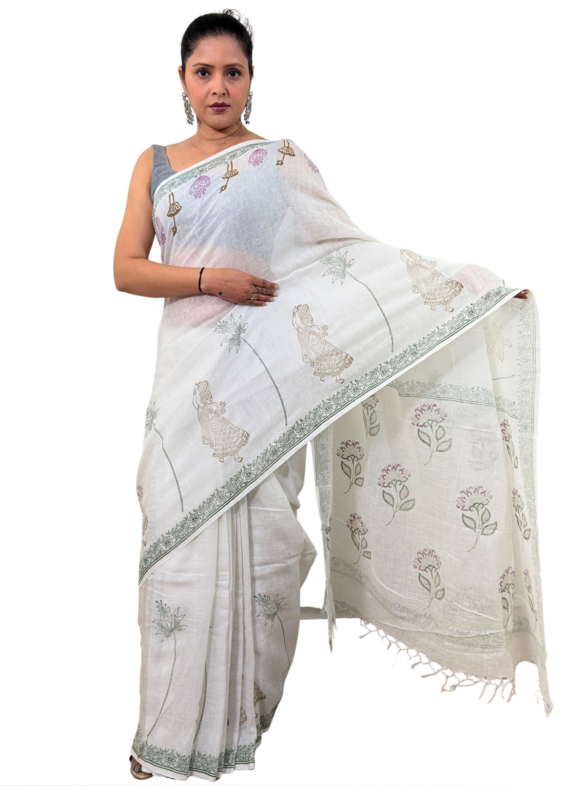 handloom cotton linen white motif block print saree with attached blouse