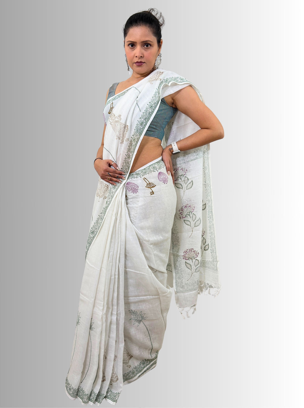 handloom cotton linen white motif block print saree with attached blouse