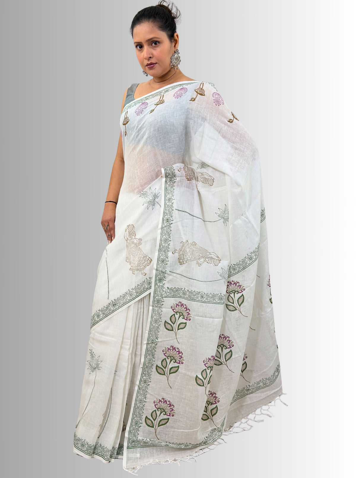 handloom cotton linen white motif block print saree with attached blouse