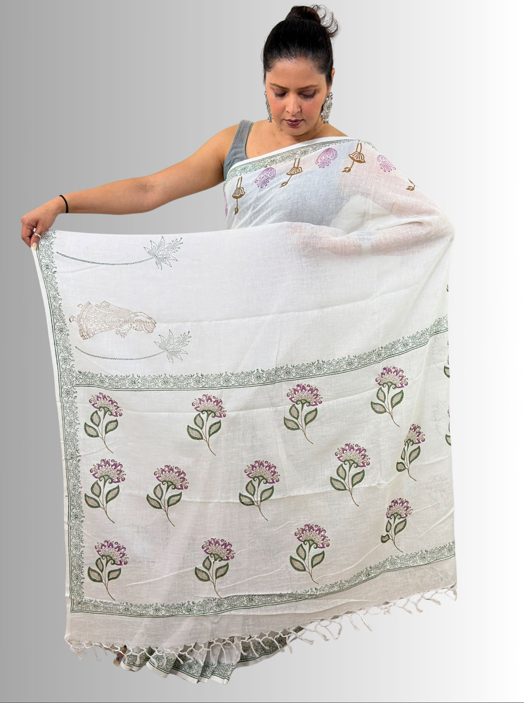handloom cotton linen white motif block print saree with attached blouse