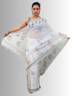 handloom cotton linen white motif block print saree with attached blouse