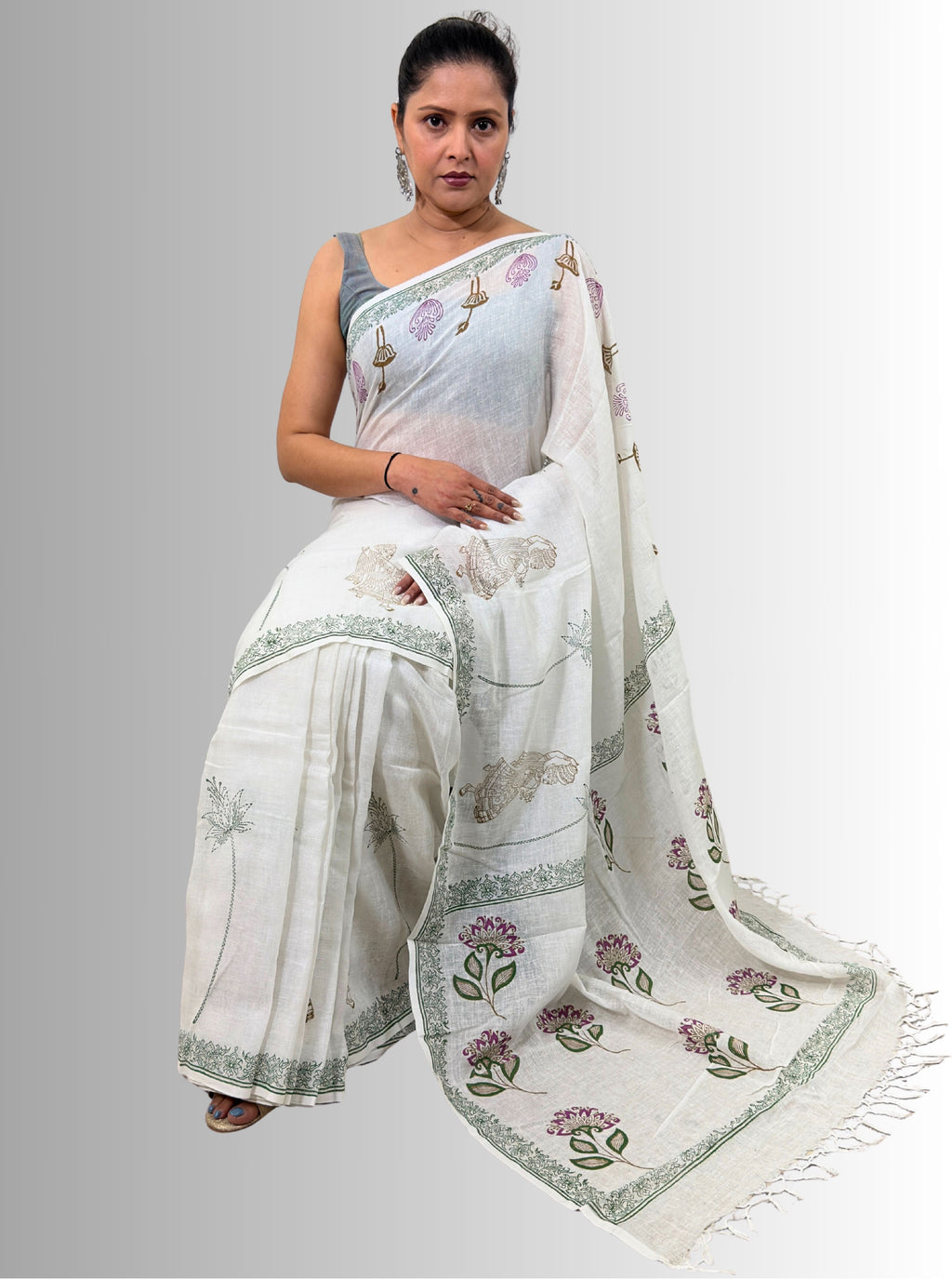 handloom cotton linen white motif block print saree with attached blouse