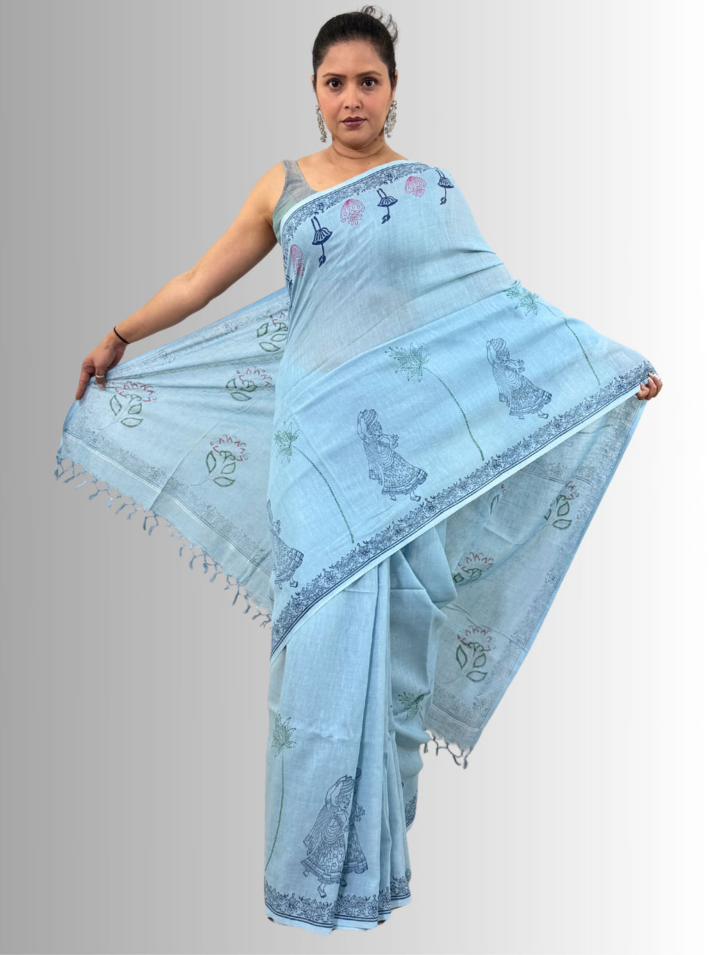 handloom cotton linen white motif block print saree with attached blouse