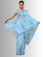 handloom cotton linen white motif block print saree with attached blouse