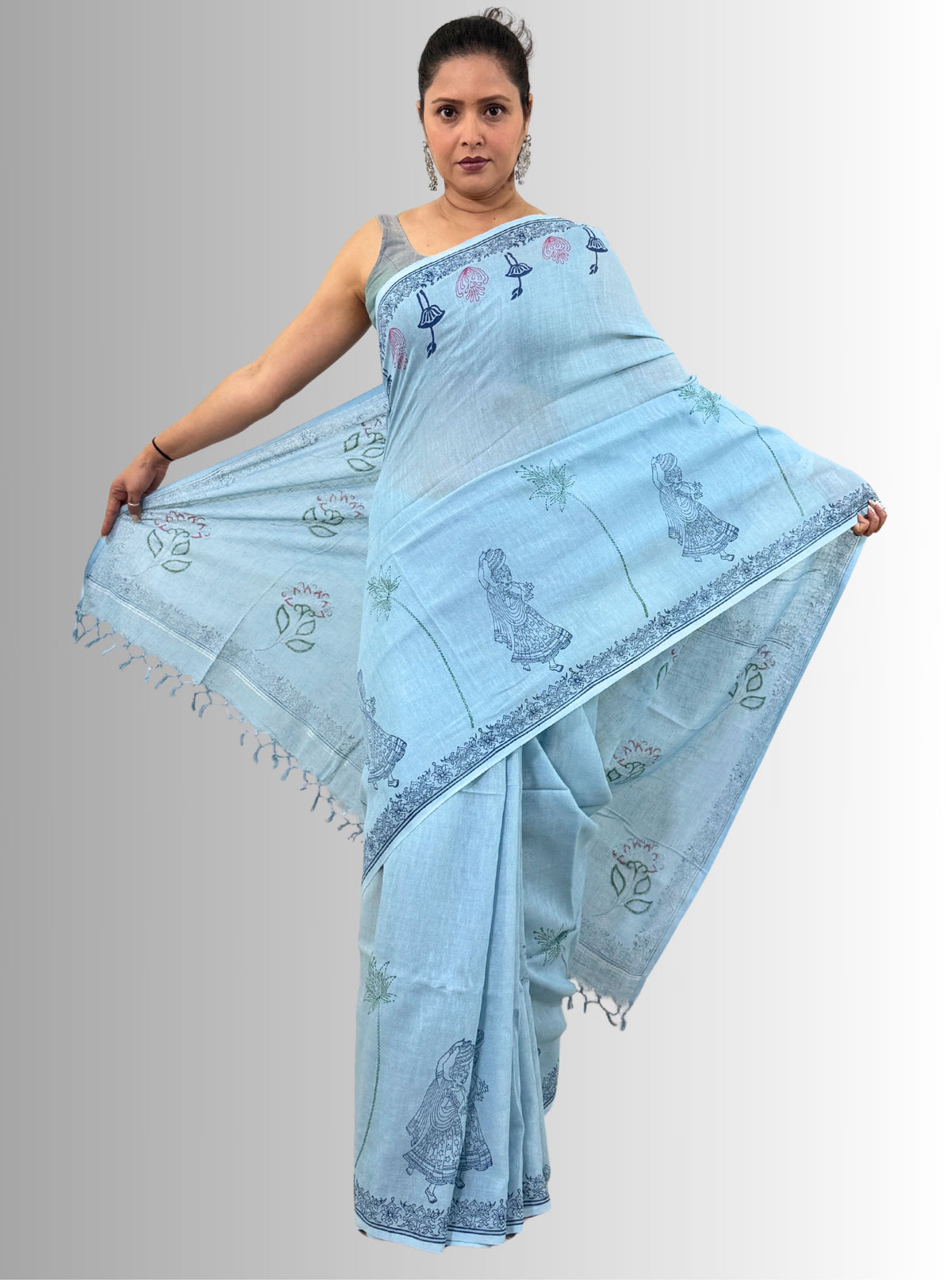 handloom cotton linen white motif block print saree with attached blouse