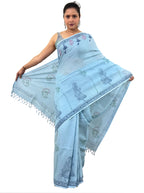handloom cotton linen white motif block print saree with attached blouse