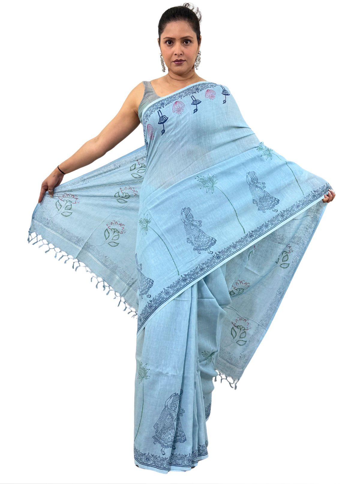 handloom cotton linen white motif block print saree with attached blouse