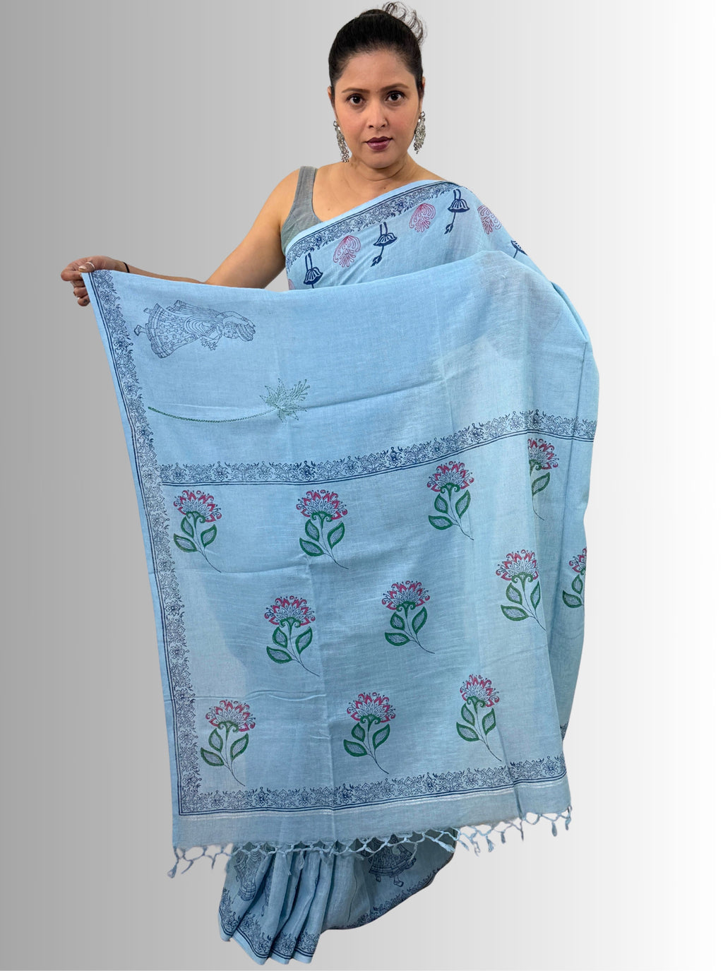handloom cotton linen white motif block print saree with attached blouse