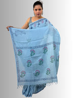 handloom cotton linen white motif block print saree with attached blouse