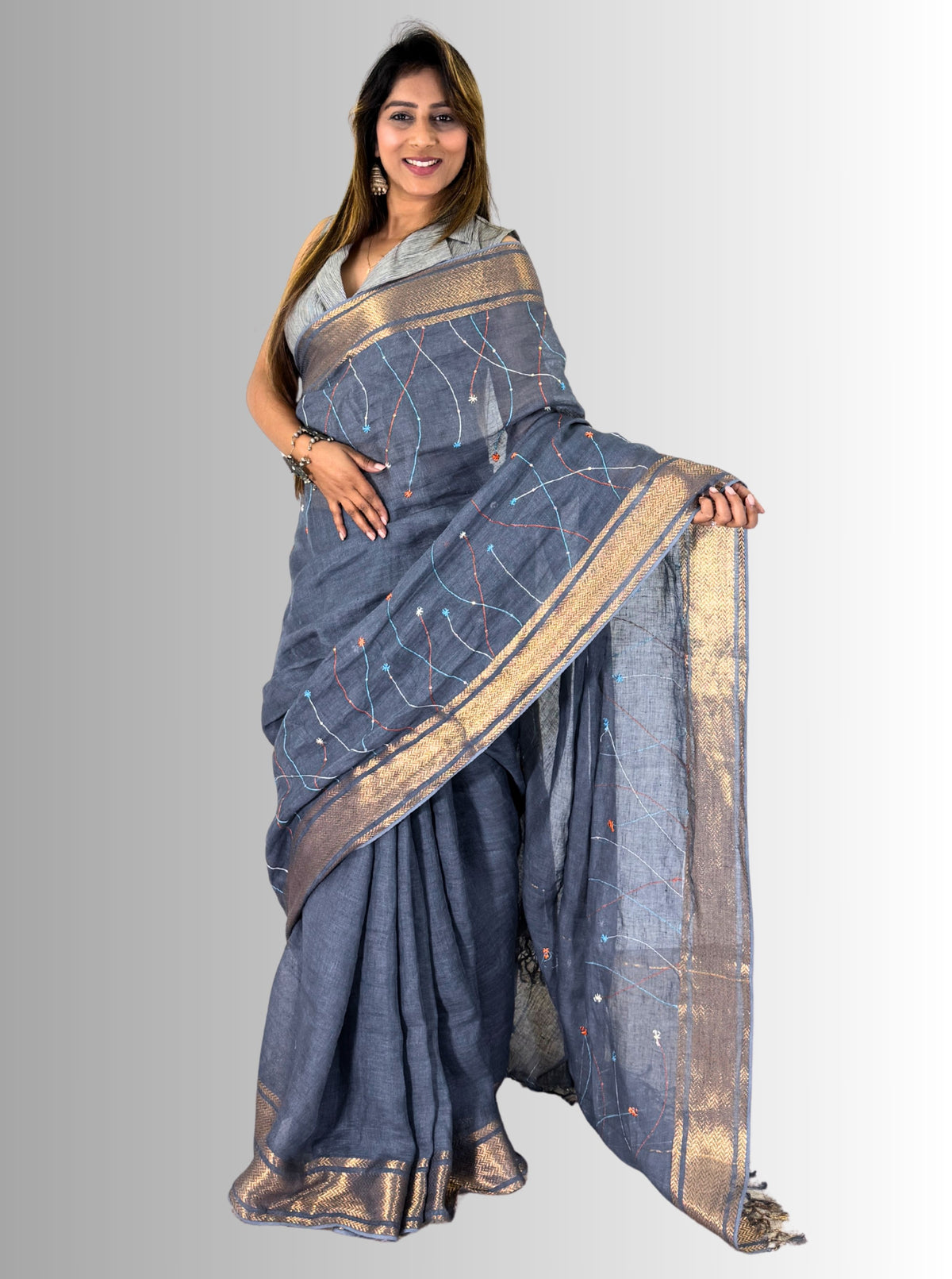 handloom linen Grey saree with jaal work hand embroiedry