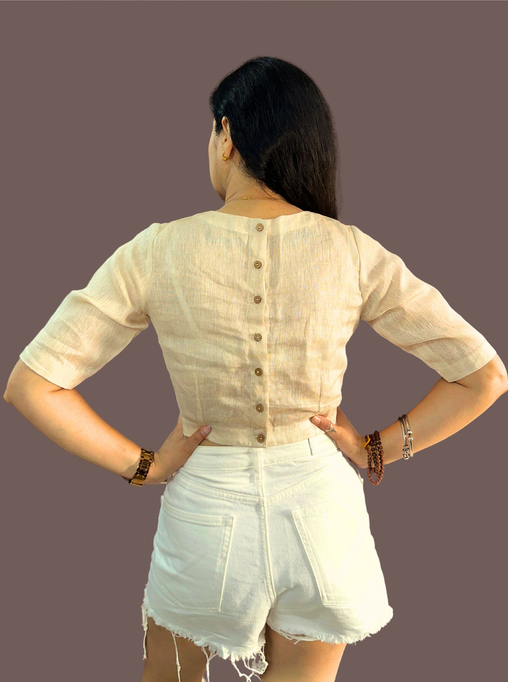 Handloom Rose Gold Striped Tissue Linen Blouse with Round Neck and Back Wooden Buttons