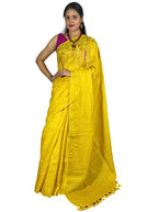 mango yellow handloom linen saree with hand embroiedry and attached blouse