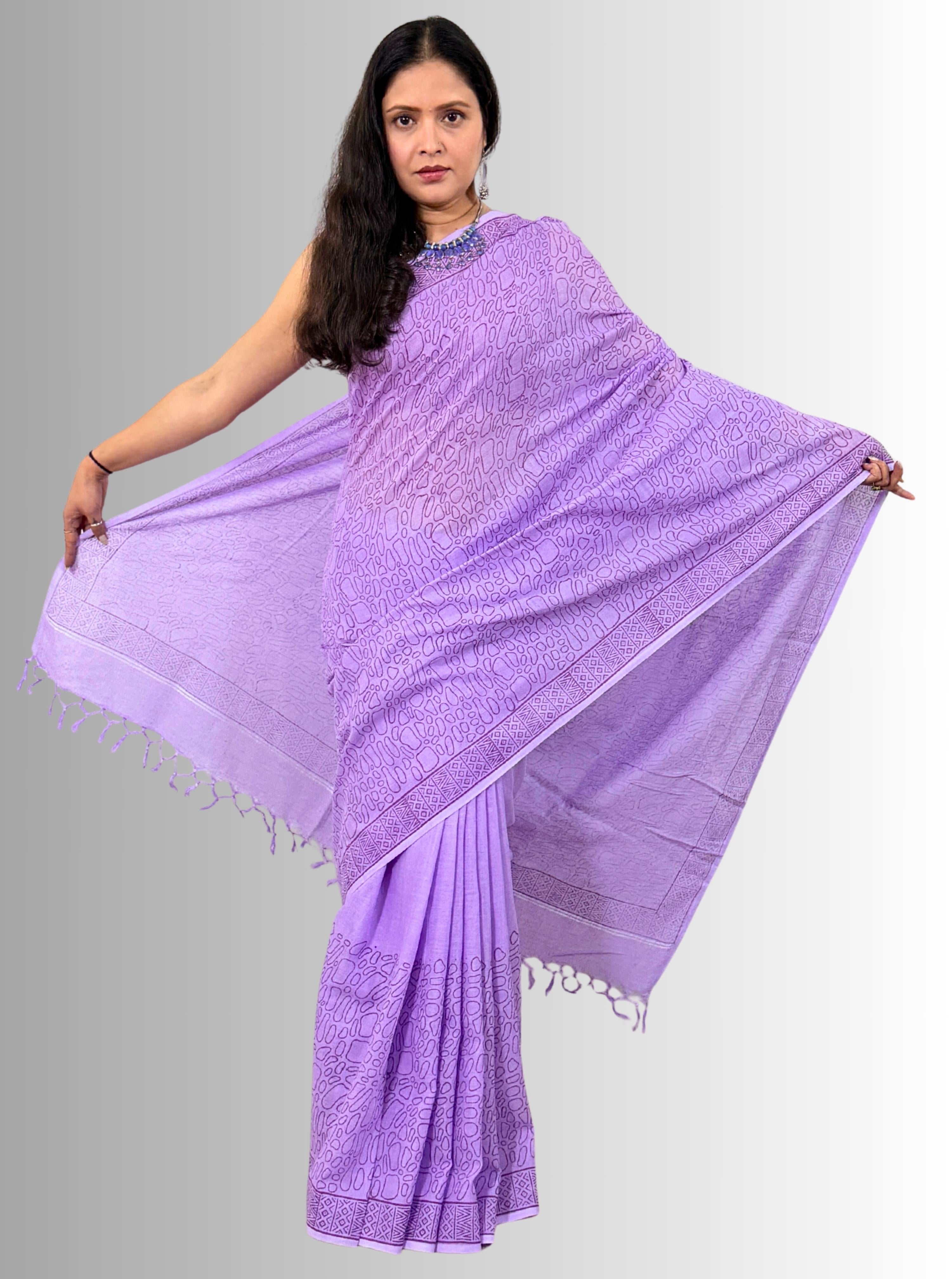 Handloom cotton linen lilac jaal hand block print saree with blouse