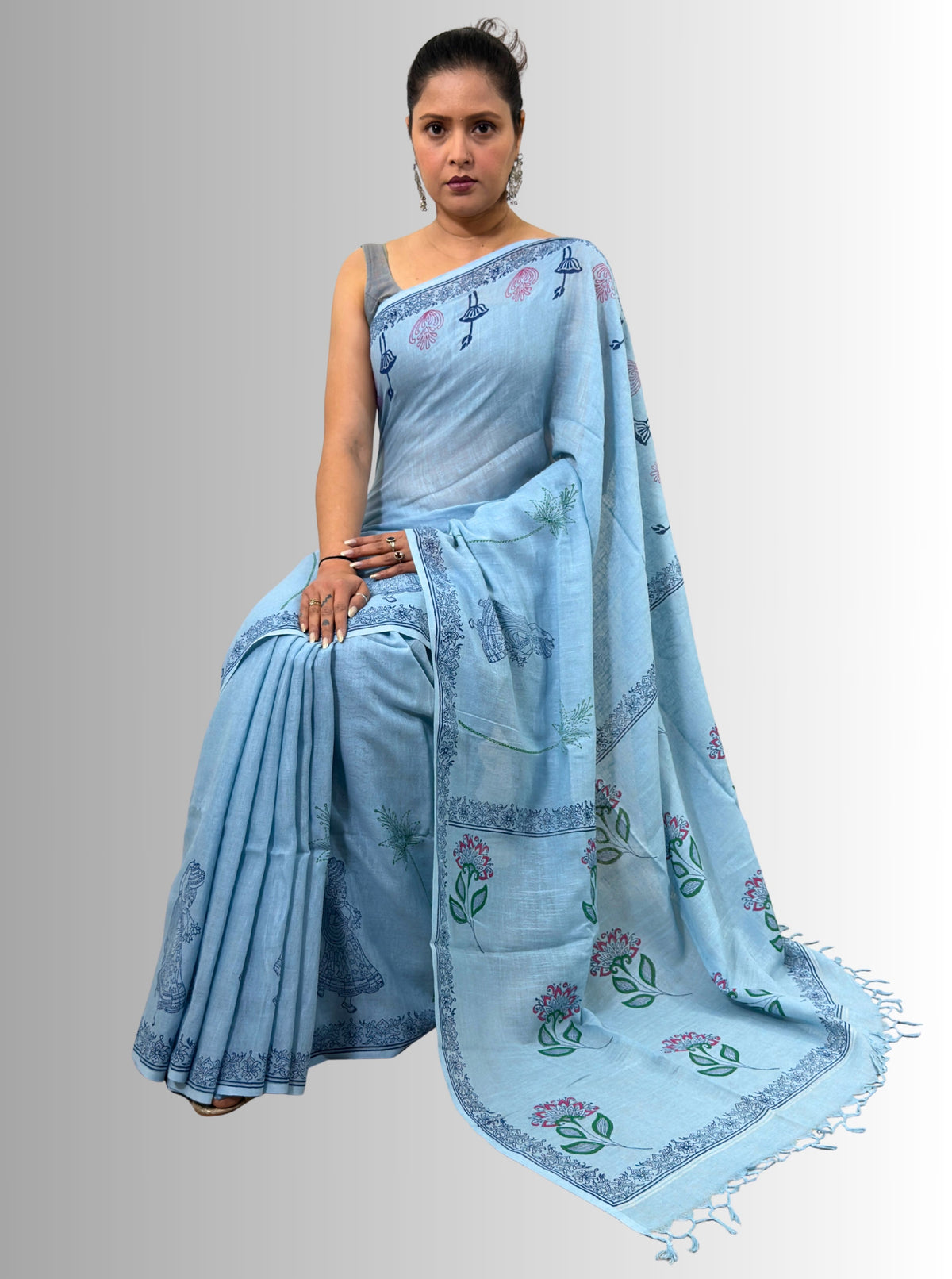handloom cotton linen white motif block print saree with attached blouse